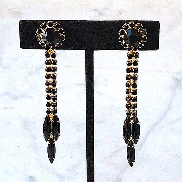 JULIANA D & E EARRINGS BLACK GLASS GOLD DANGLES UNMARKED VINTAGE 3 IN NEVER USED - Picture 3 of 9